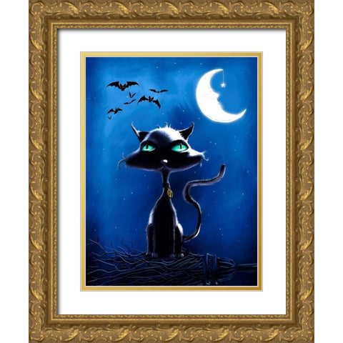 Black Cat Gold Ornate Wood Framed Art Print with Double Matting by P.S. Art