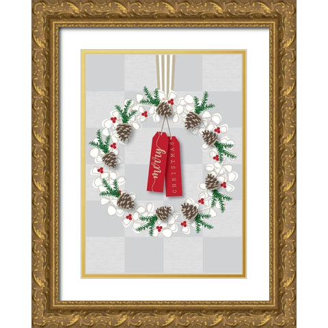 Merry Christmas Wreath Gold Ornate Wood Framed Art Print with Double Matting by P.S. Art