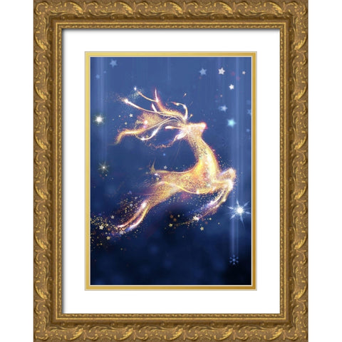 On Reindeer Gold Ornate Wood Framed Art Print with Double Matting by P.S. Art