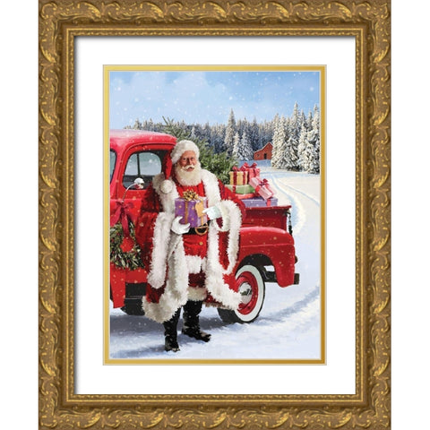Santa Gift Gold Ornate Wood Framed Art Print with Double Matting by P.S. Art