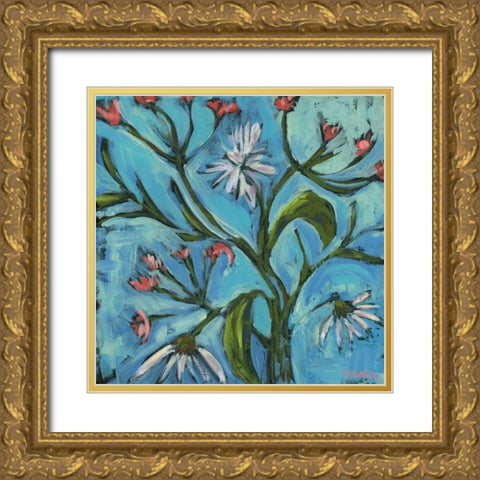 Blue Daisy Pattern Gold Ornate Wood Framed Art Print with Double Matting by Pamela J. Wingard