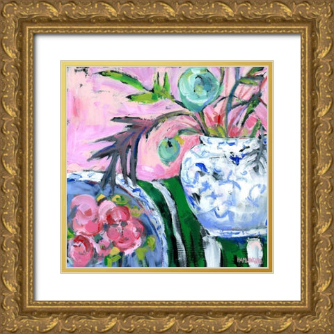 Blue and White with Pink Gold Ornate Wood Framed Art Print with Double Matting by Pamela J. Wingard