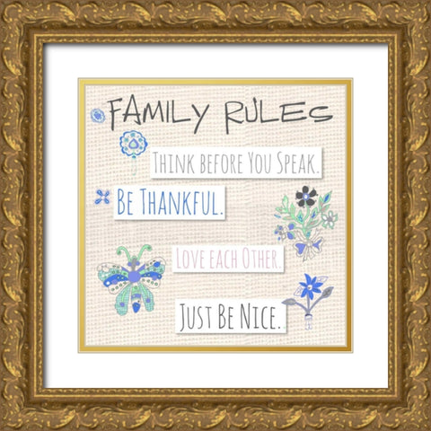 Family Rules Flowers Gold Ornate Wood Framed Art Print with Double Matting by Pamela J. Wingard