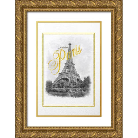 Je Taime Paris Gold Ornate Wood Framed Art Print with Double Matting by Murdock, Ramona