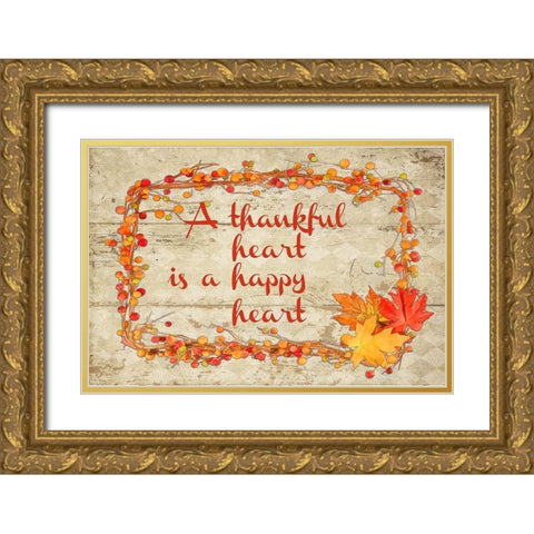 Thankful Happy Heart Gold Ornate Wood Framed Art Print with Double Matting by Murdock, Ramona