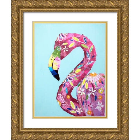 Daisy Flamingo Gold Ornate Wood Framed Art Print with Double Matting by Seeley, Jenn