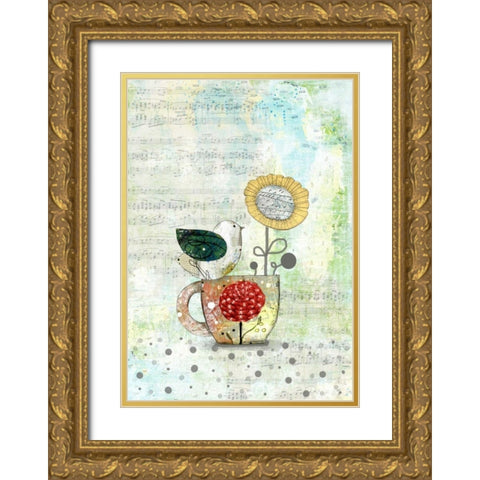 Bird on a Tea Cup Gold Ornate Wood Framed Art Print with Double Matting by Ogren, Sarah