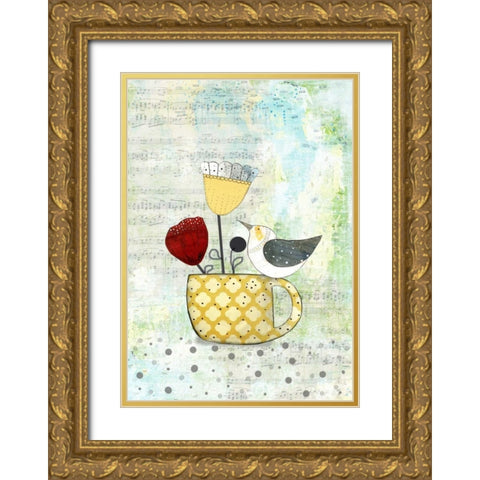 Bird on a Yellow Cup Gold Ornate Wood Framed Art Print with Double Matting by Ogren, Sarah