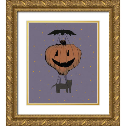 Halloween Pumpkin Balloon Gold Ornate Wood Framed Art Print with Double Matting by Ogren, Sarah