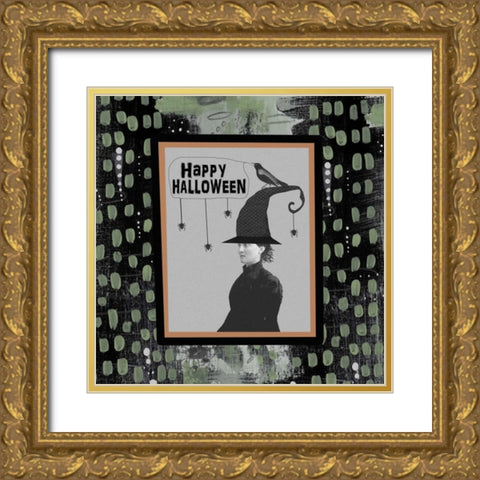 Halloween Witch and Crow Gold Ornate Wood Framed Art Print with Double Matting by Ogren, Sarah