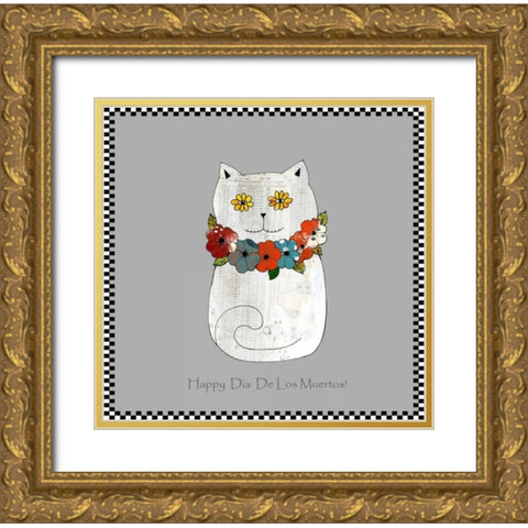 Happy Day of the Dead Cat Gold Ornate Wood Framed Art Print with Double Matting by Ogren, Sarah