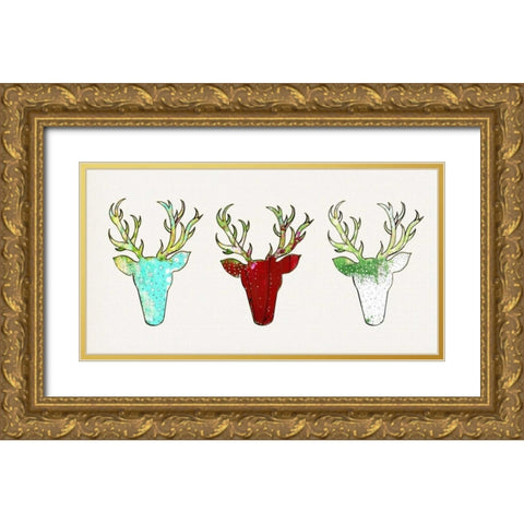 Three Deer Heads Linen Gold Ornate Wood Framed Art Print with Double Matting by Ogren, Sarah