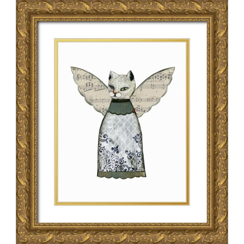 Cat Angel with Music Wings Gold Ornate Wood Framed Art Print with Double Matting by Ogren, Sarah