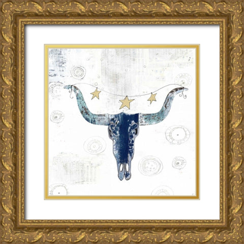 Navy Cow Skull Gold Ornate Wood Framed Art Print with Double Matting by Ogren, Sarah