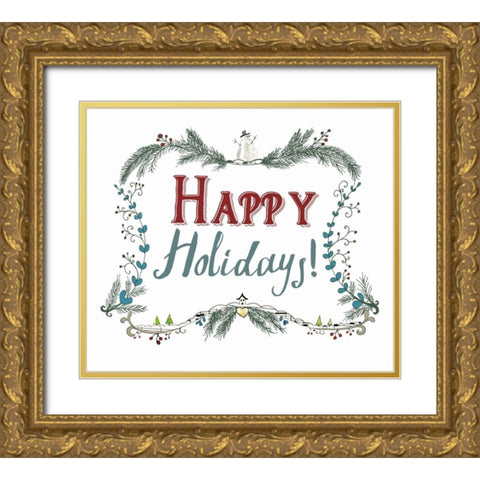 Happy Holidays Wreath Gold Ornate Wood Framed Art Print with Double Matting by Ogren, Sarah