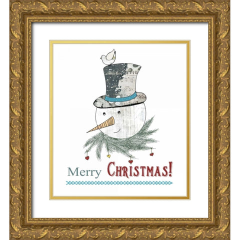 Snowman and Bird Gold Ornate Wood Framed Art Print with Double Matting by Ogren, Sarah