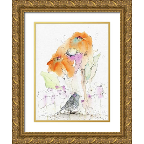 Bird and Orange Flowers Gold Ornate Wood Framed Art Print with Double Matting by Ogren, Sarah