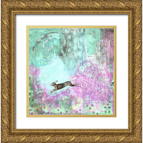 Rabbit and Purple Flowers Gold Ornate Wood Framed Art Print with Double Matting by Ogren, Sarah