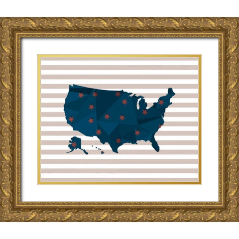 America Blue Red Stripes Gold Ornate Wood Framed Art Print with Double Matting by Moss, Tara