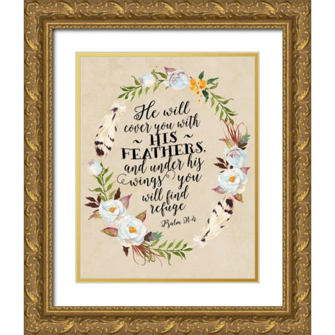 Psalm 91 - 4 Tribal Wreath Gold Ornate Wood Framed Art Print with Double Matting by Moss, Tara