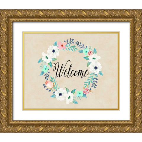 Welcome Teal and Pink Gold Ornate Wood Framed Art Print with Double Matting by Moss, Tara