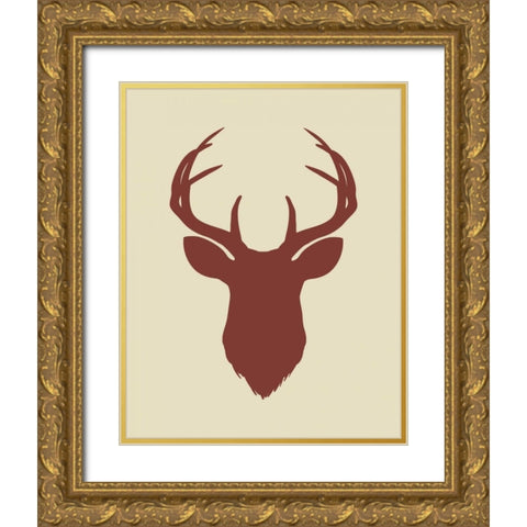Maroon Deer Head Gold Ornate Wood Framed Art Print with Double Matting by Moss, Tara