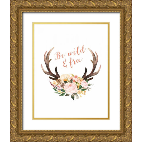 Floral Antlers Wild and Free Gold Ornate Wood Framed Art Print with Double Matting by Moss, Tara