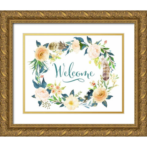 Welcome Teal Floral Gold Ornate Wood Framed Art Print with Double Matting by Moss, Tara