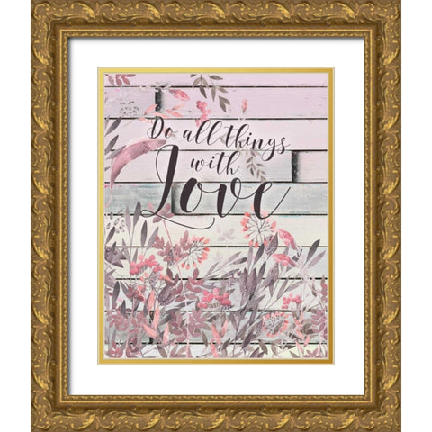 Love Floral Watercolor Wood Gold Ornate Wood Framed Art Print with Double Matting by Moss, Tara
