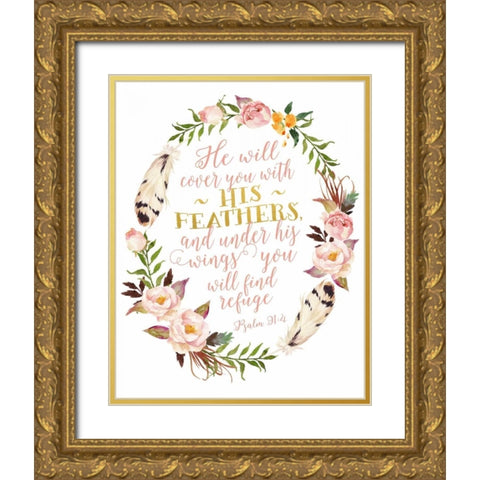Psalm 91-4 Pink and Gold Wreath Gold Ornate Wood Framed Art Print with Double Matting by Moss, Tara