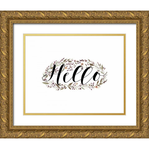 Hello Floral Wreath Gold Ornate Wood Framed Art Print with Double Matting by Moss, Tara