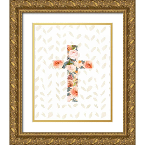 Orange Floral Cross Gold Ornate Wood Framed Art Print with Double Matting by Moss, Tara