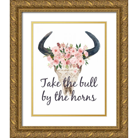 Pink Floral Bull Skull Gold Ornate Wood Framed Art Print with Double Matting by Moss, Tara