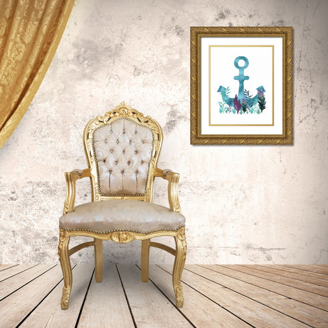 Teal Florals Blue Anchor Gold Ornate Wood Framed Art Print with Double Matting by Moss, Tara