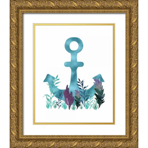 Teal Florals Blue Anchor Gold Ornate Wood Framed Art Print with Double Matting by Moss, Tara