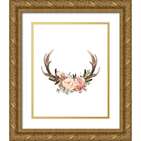 Floral Antlers Gold Ornate Wood Framed Art Print with Double Matting by Moss, Tara