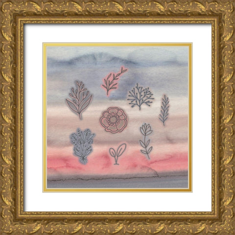 Blue Pink Watercolor and Floral Gold Ornate Wood Framed Art Print with Double Matting by Moss, Tara