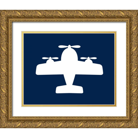 Airplane on Navy Gold Ornate Wood Framed Art Print with Double Matting by Robinson, Tamara