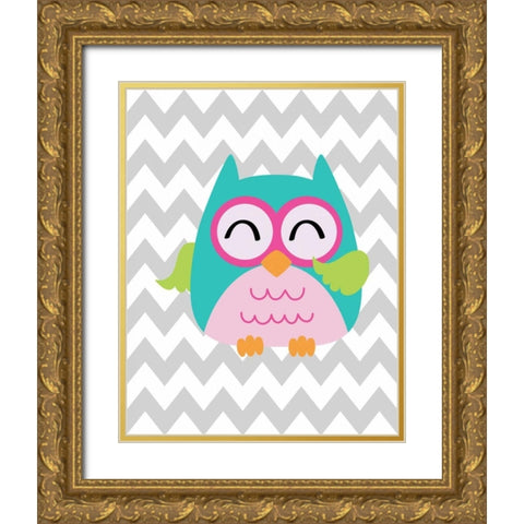 Owl Wash Brush Chevron Gold Ornate Wood Framed Art Print with Double Matting by Robinson, Tamara
