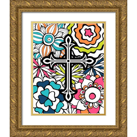 Cross Flowers Colors Gold Ornate Wood Framed Art Print with Double Matting by Robinson, Tamara