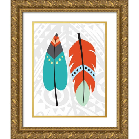 Tribal Feather Gold Ornate Wood Framed Art Print with Double Matting by Robinson, Tamara
