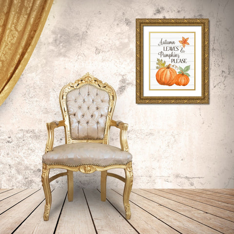 Autumn Leave and Pumpkins Please Gold Ornate Wood Framed Art Print with Double Matting by Robinson, Tamara