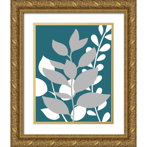 Teal Foliage II Gold Ornate Wood Framed Art Print with Double Matting by Robinson, Tamara