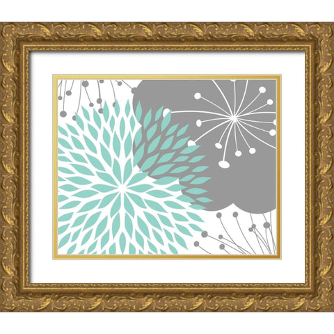 Teal Foliage Floral Gold Ornate Wood Framed Art Print with Double Matting by Robinson, Tamara
