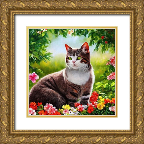 Cat in the Garden IV Gold Ornate Wood Framed Art Print with Double Matting by Dundon, Denise