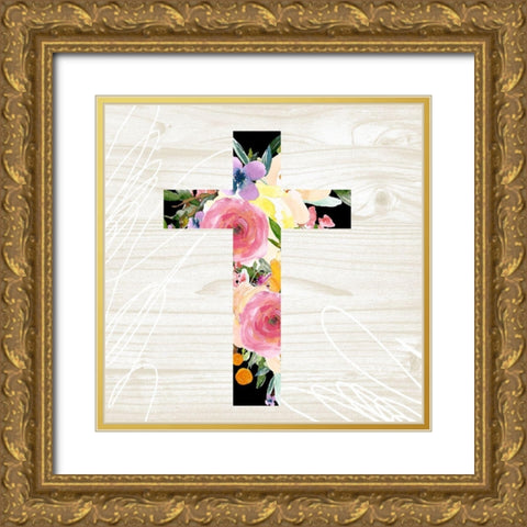 Floral Cross Gold Ornate Wood Framed Art Print with Double Matting by Wieners, Valerie