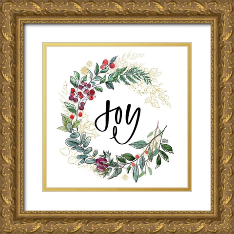 Joy Wreath Gold Ornate Wood Framed Art Print with Double Matting by Wieners, Valerie