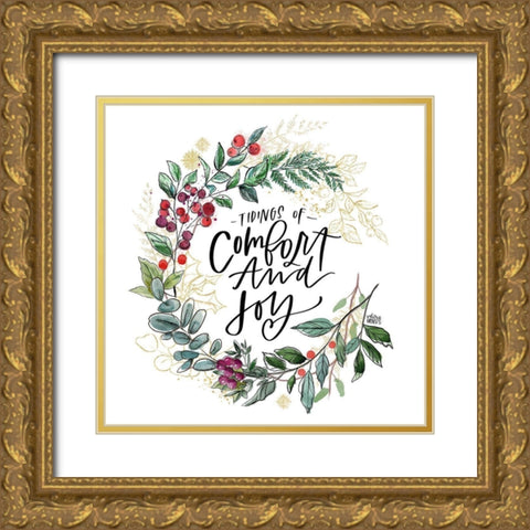 Comfort Joy Wreath Gold Ornate Wood Framed Art Print with Double Matting by Wieners, Valerie