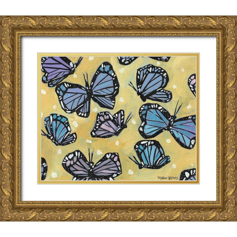 Butterflies on Yellow Gold Ornate Wood Framed Art Print with Double Matting by Wieners, Valerie