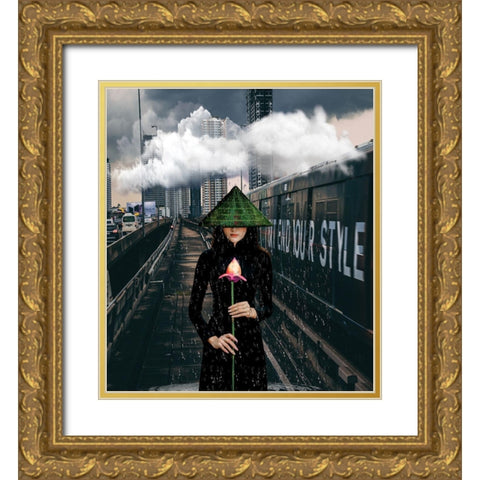 Walking in the Rain Gold Ornate Wood Framed Art Print with Double Matting by Burney, Yvonne Coleman